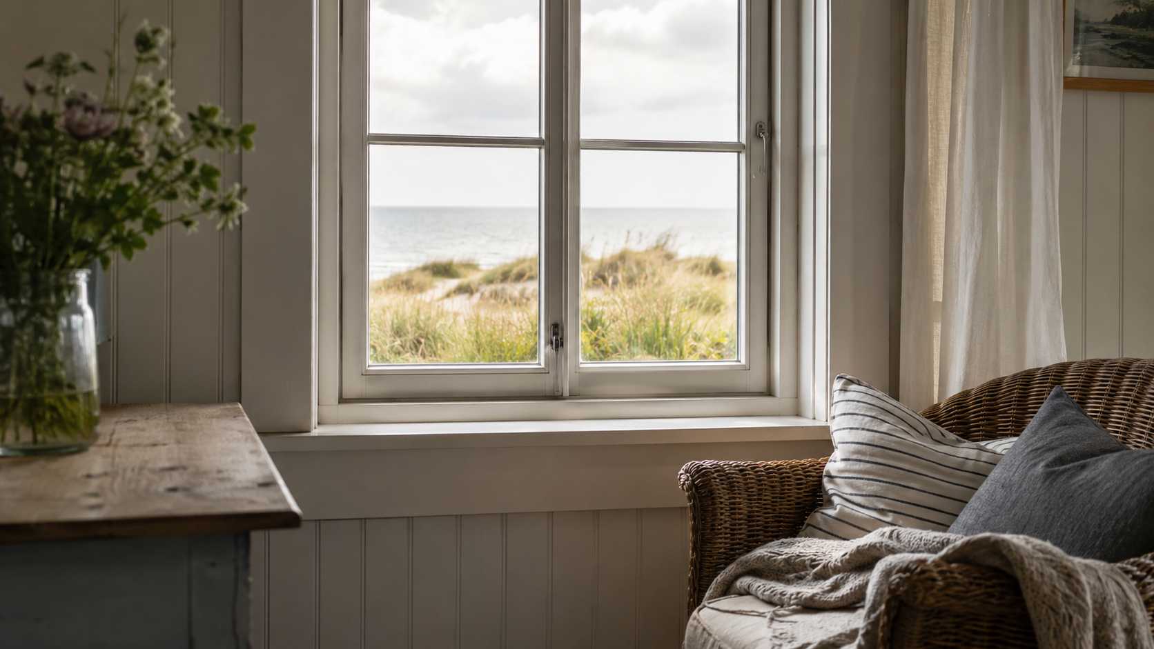 Ein kleines Fenster in einem Ferienhaus mit Blick auf helle Wiesen.