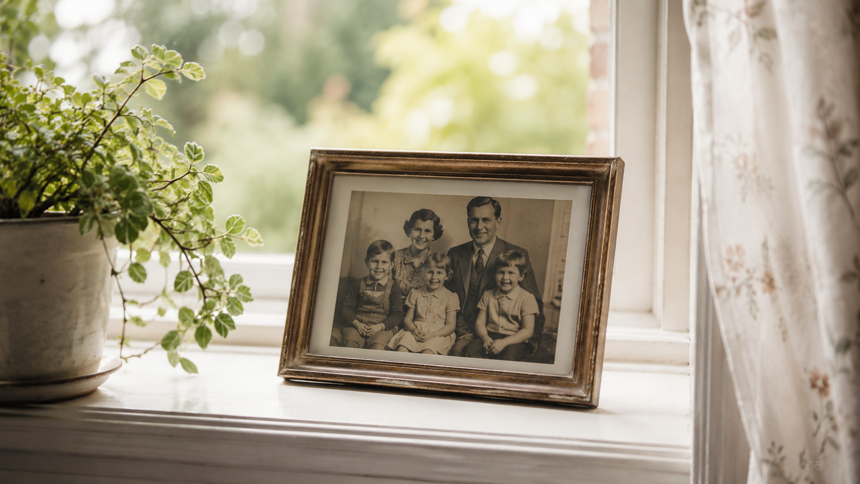 Ein verblasstes Familienfoto steht auf einer hellen Fensterbank.