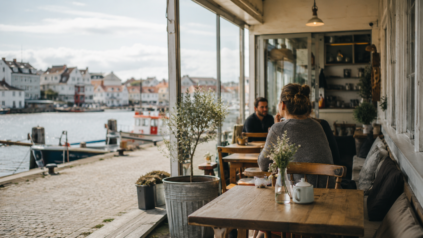 Ein kleines Café an einem ruhigen Hafen mit Tischen im Freien.