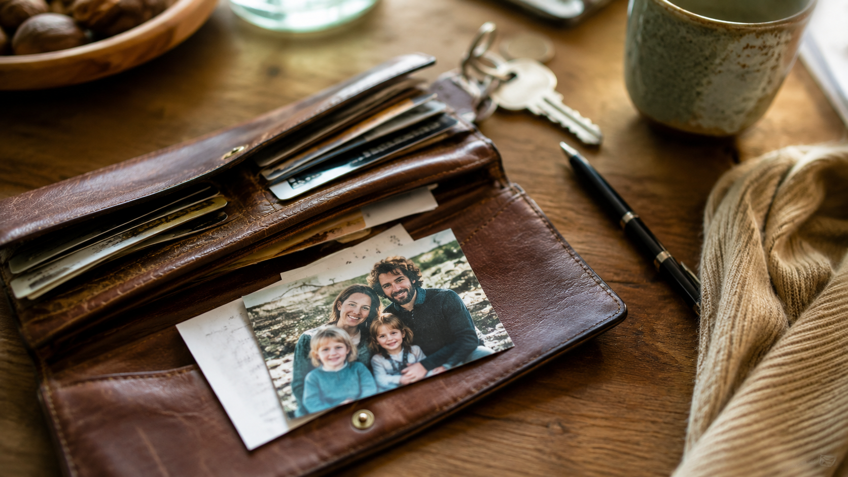 Ein kleines Familienfoto liegt neben einem geöffneten Portemonnaie.