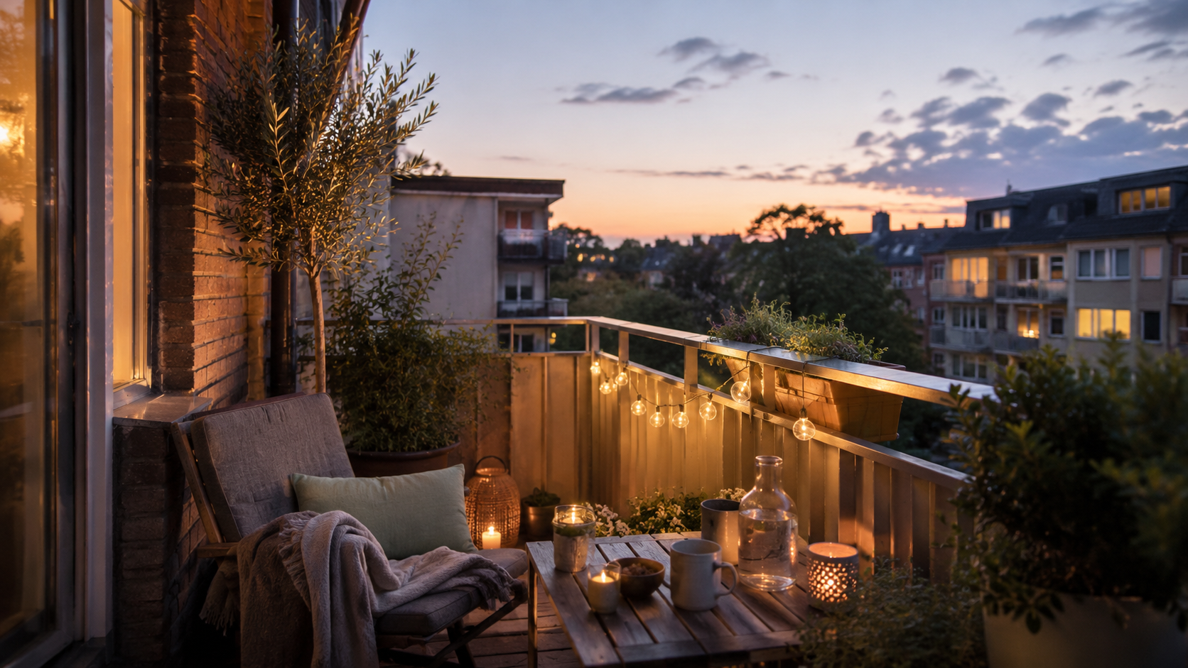 Ein kleiner Balkon am Abend mit Stühlen und warmem Licht.
