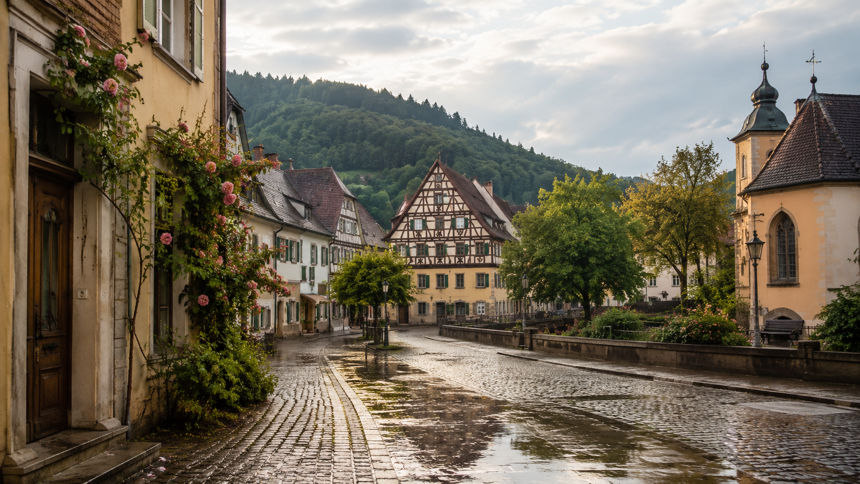 Eine kleine Straße nach dem Regen mit Spiegelungen auf dem Pflaster.