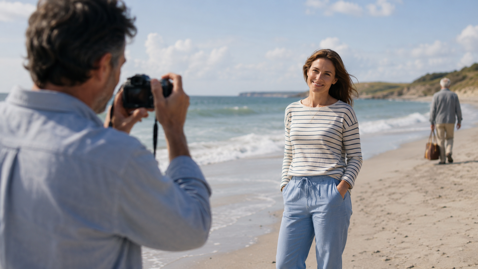 Eine Frau steht an einem ruhigen Strand, während ihr Mann ein Foto macht.