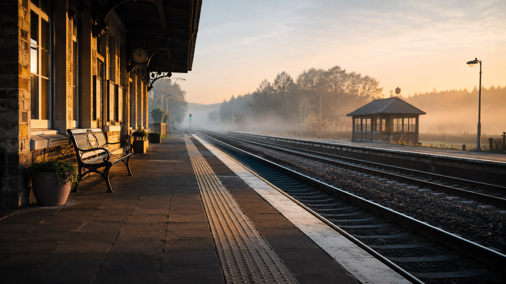 Ein ruhiger Bahnsteig am frühen Morgen mit weichem Licht.