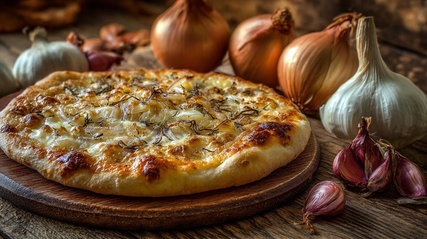 Pizza con cipolle e formaggio dorata e profumata