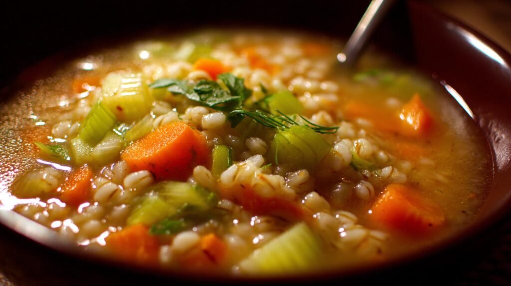 Minestra di orzo con carote e sedano calda e nutriente