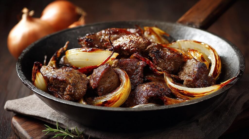 Carne in padella con cipolla ricca e veloce