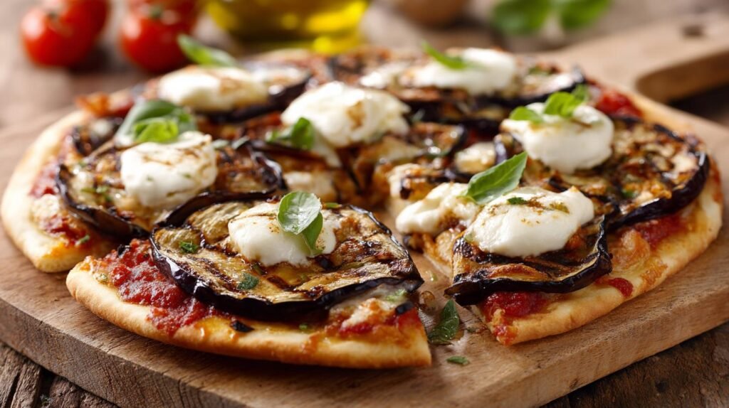 Pizza con melanzane grigliate e mozzarella gustosa