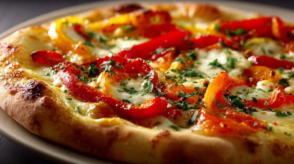 Pizza con peperoni arrostiti e formaggio filante