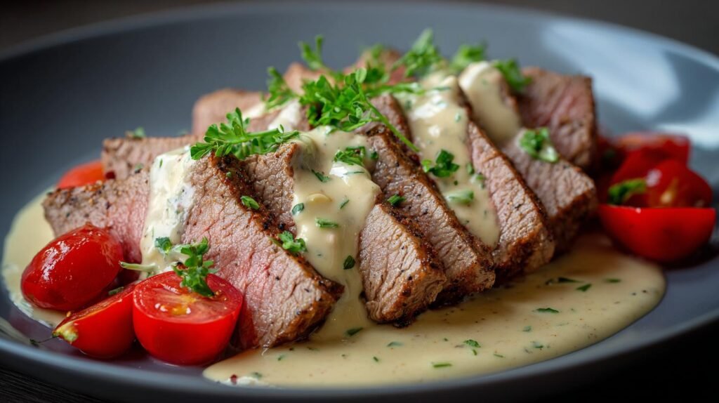 Fette di manzo con salsa cremosa calde