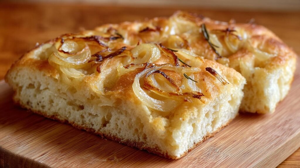Focaccia con cipolle e olio morbida dentro