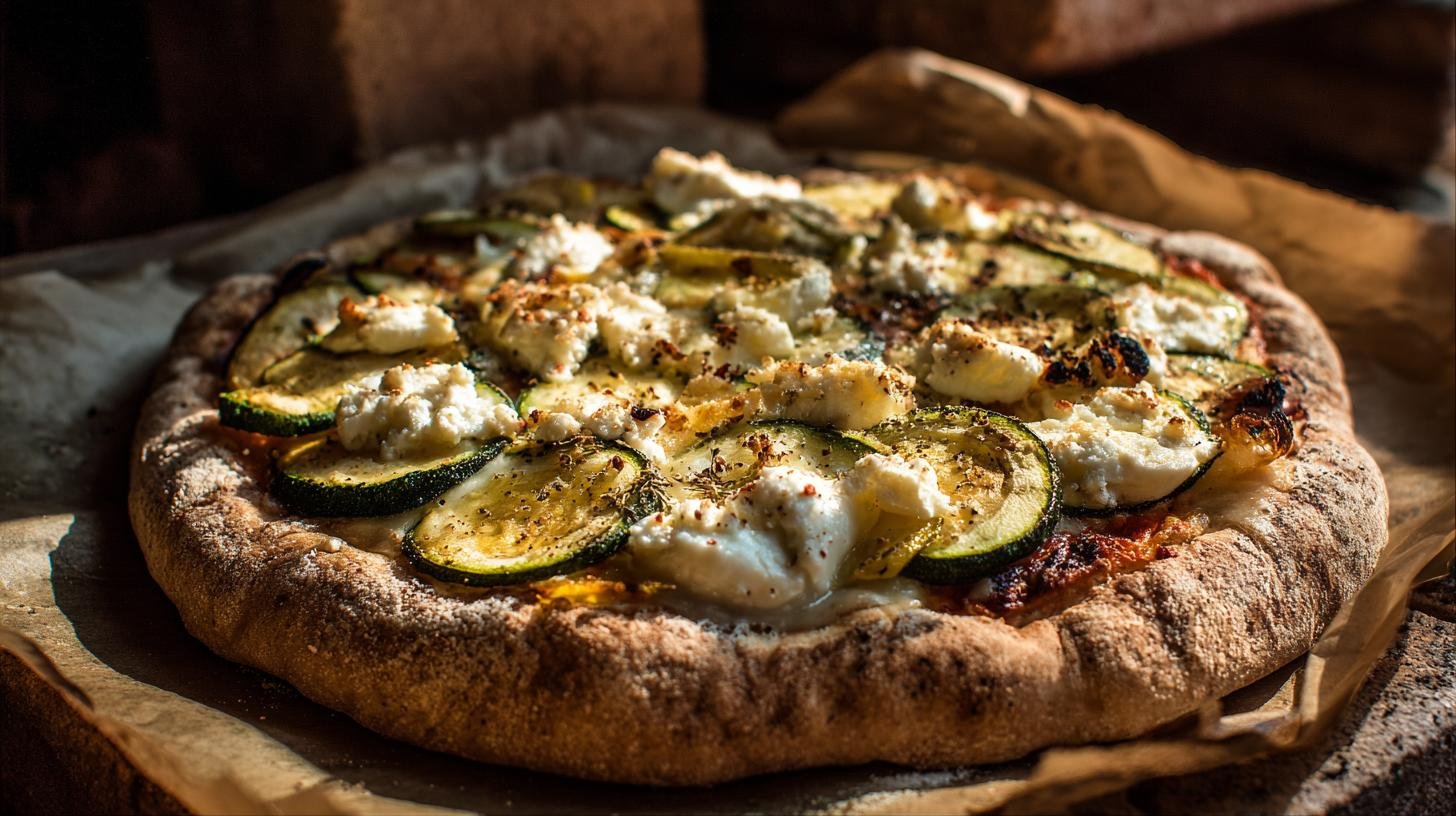 Pizza rustica con zucchine e mozzarella pronta in forno