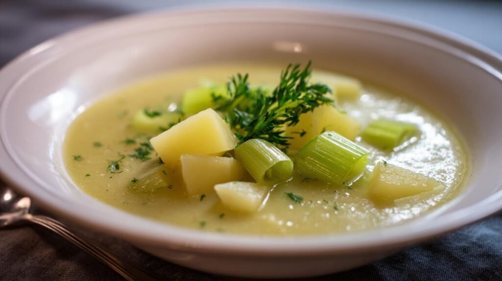 Zuppa di porri con patate morbida e calda