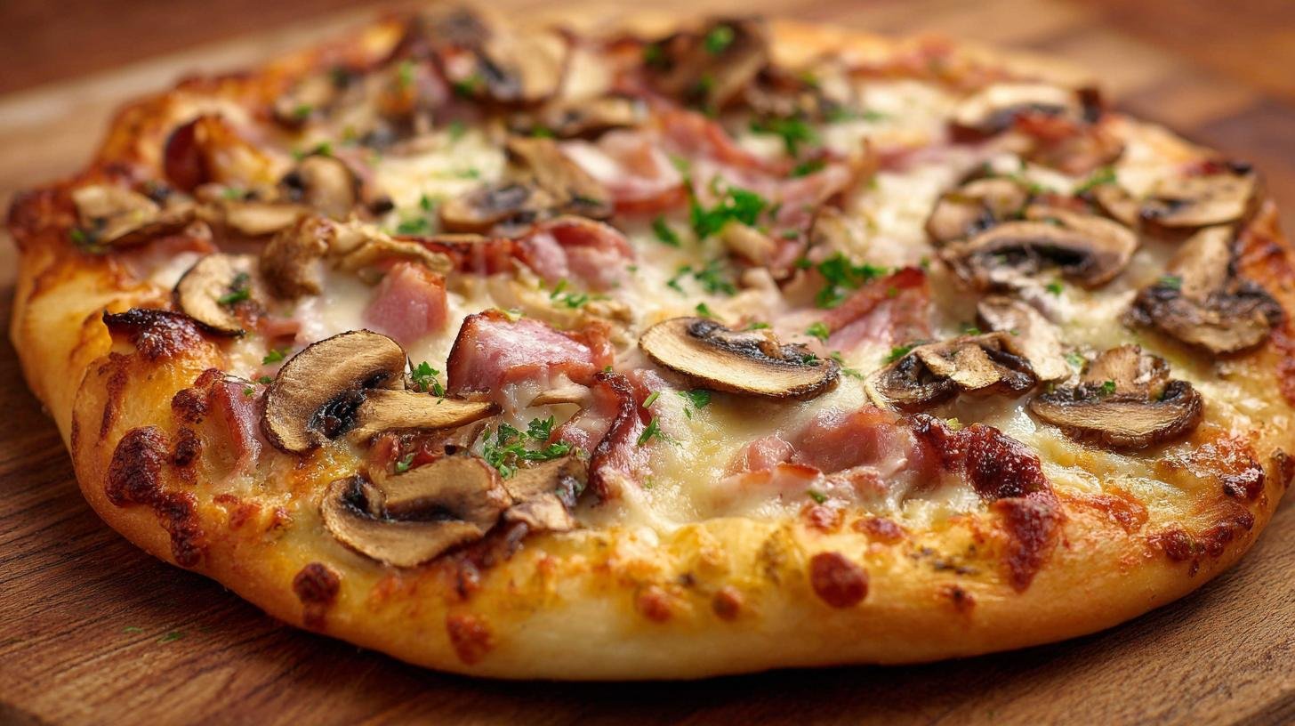 Pizza con funghi e prosciutto saporita per cena