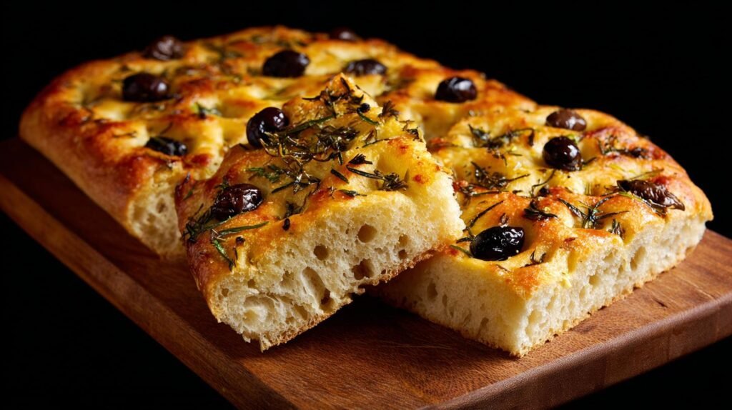 Focaccia con olive e origano soffice e dorata