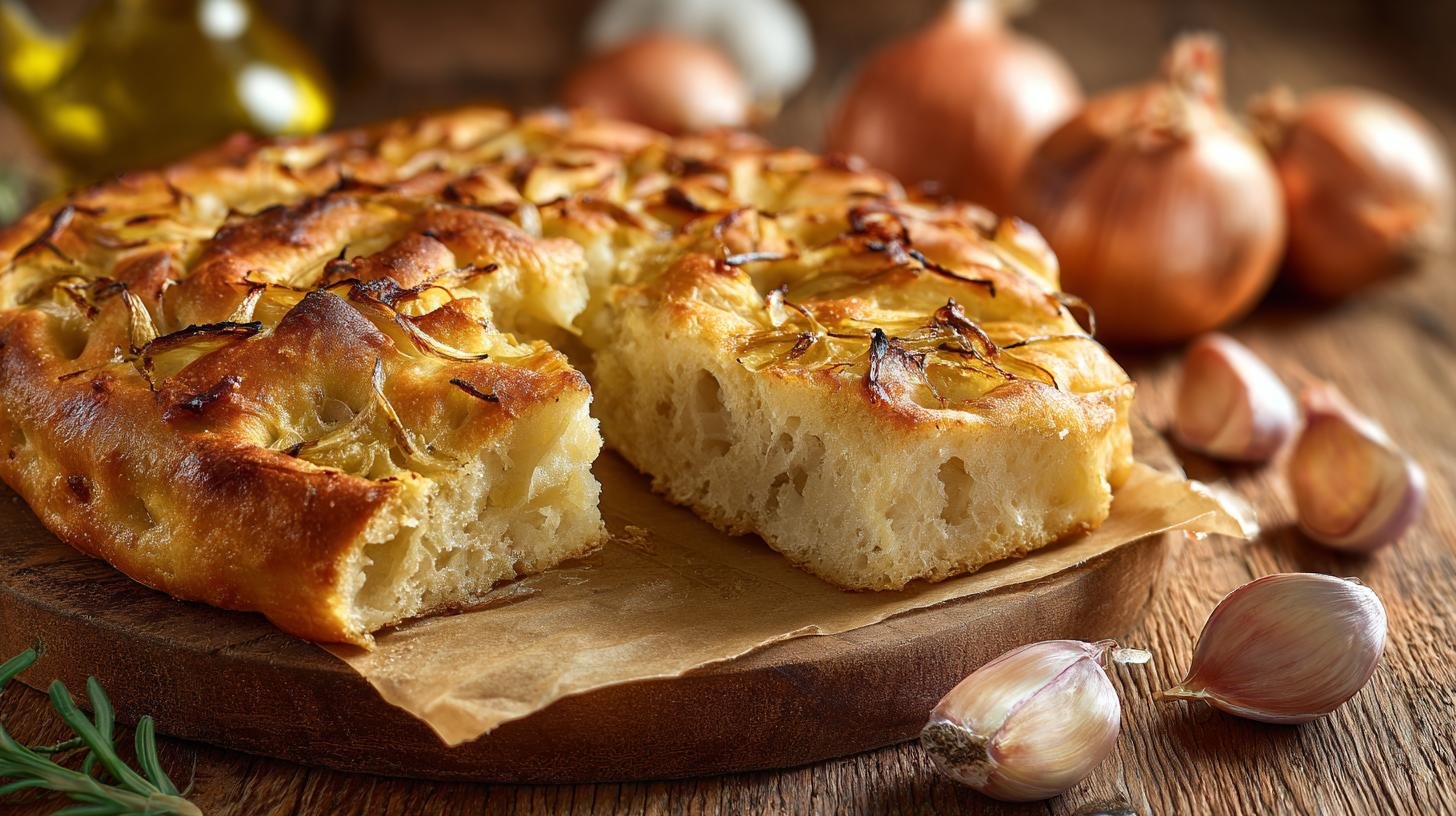 Focaccia alta con cipolle e olio morbida dentro