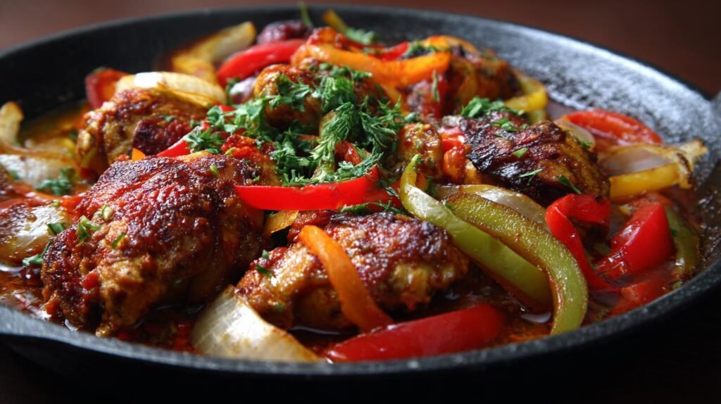 Pollo con peperoni e cipolla ricco e profumato