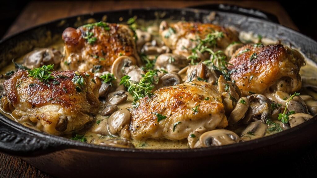 Bocconcini di pollo con funghi cremosi in padella