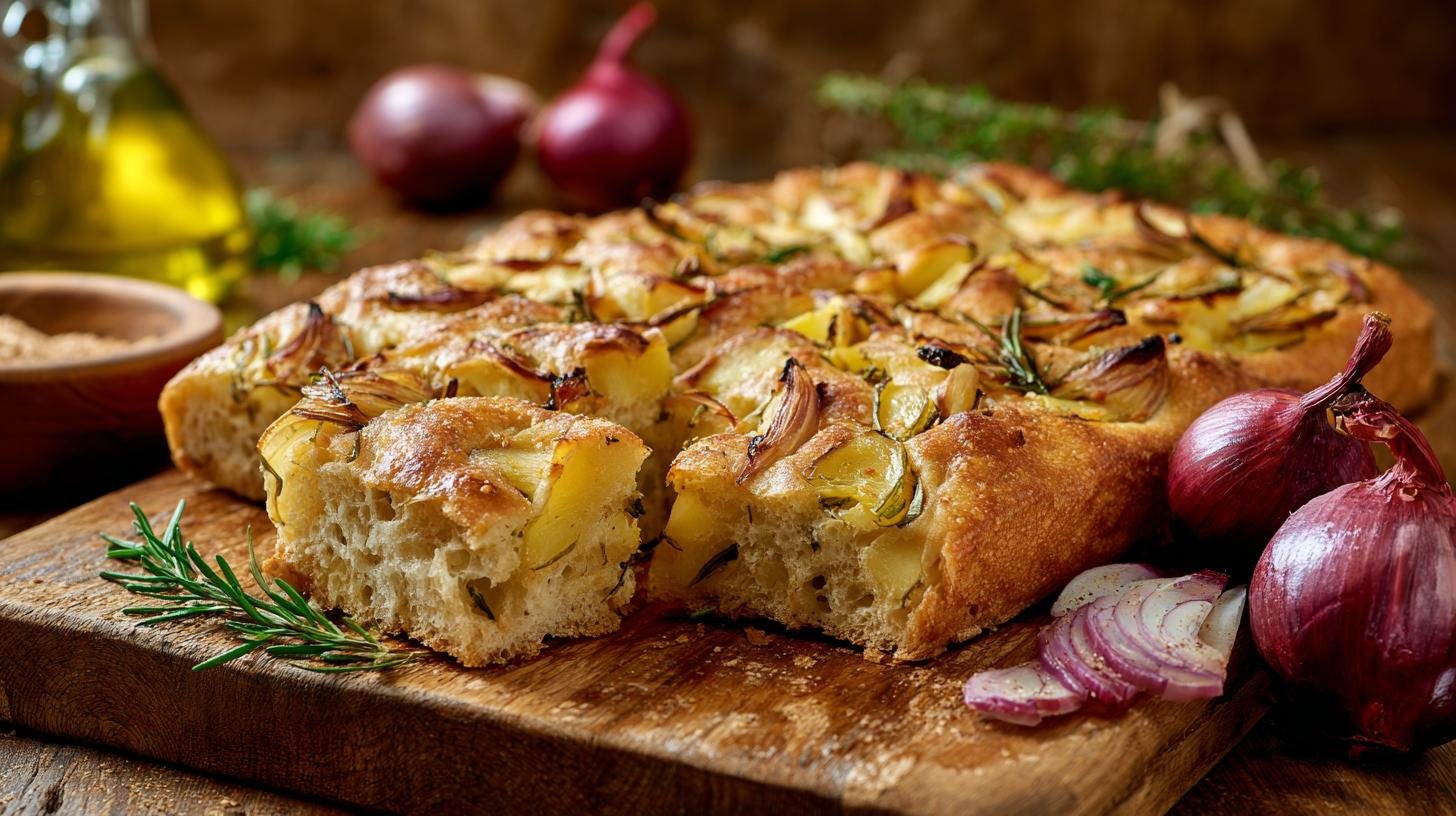 Focaccia con patate e cipolle rustica e morbida