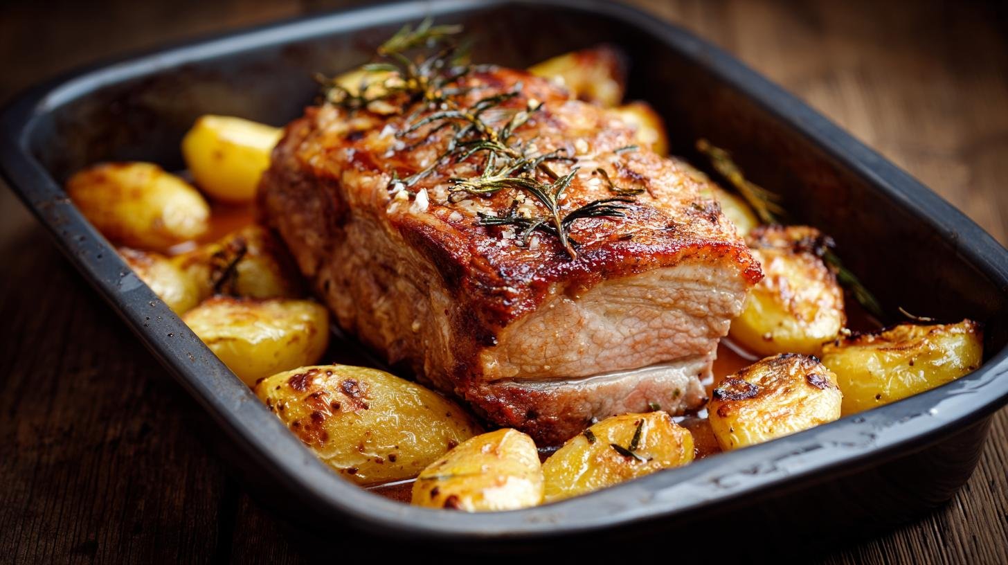 Arrosto di maiale con patate dorate semplice al forno