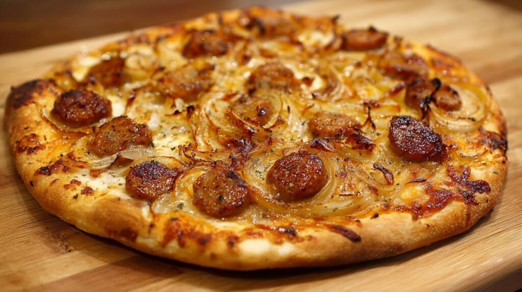Pizza con salsiccia e cipolla dorata dal forno