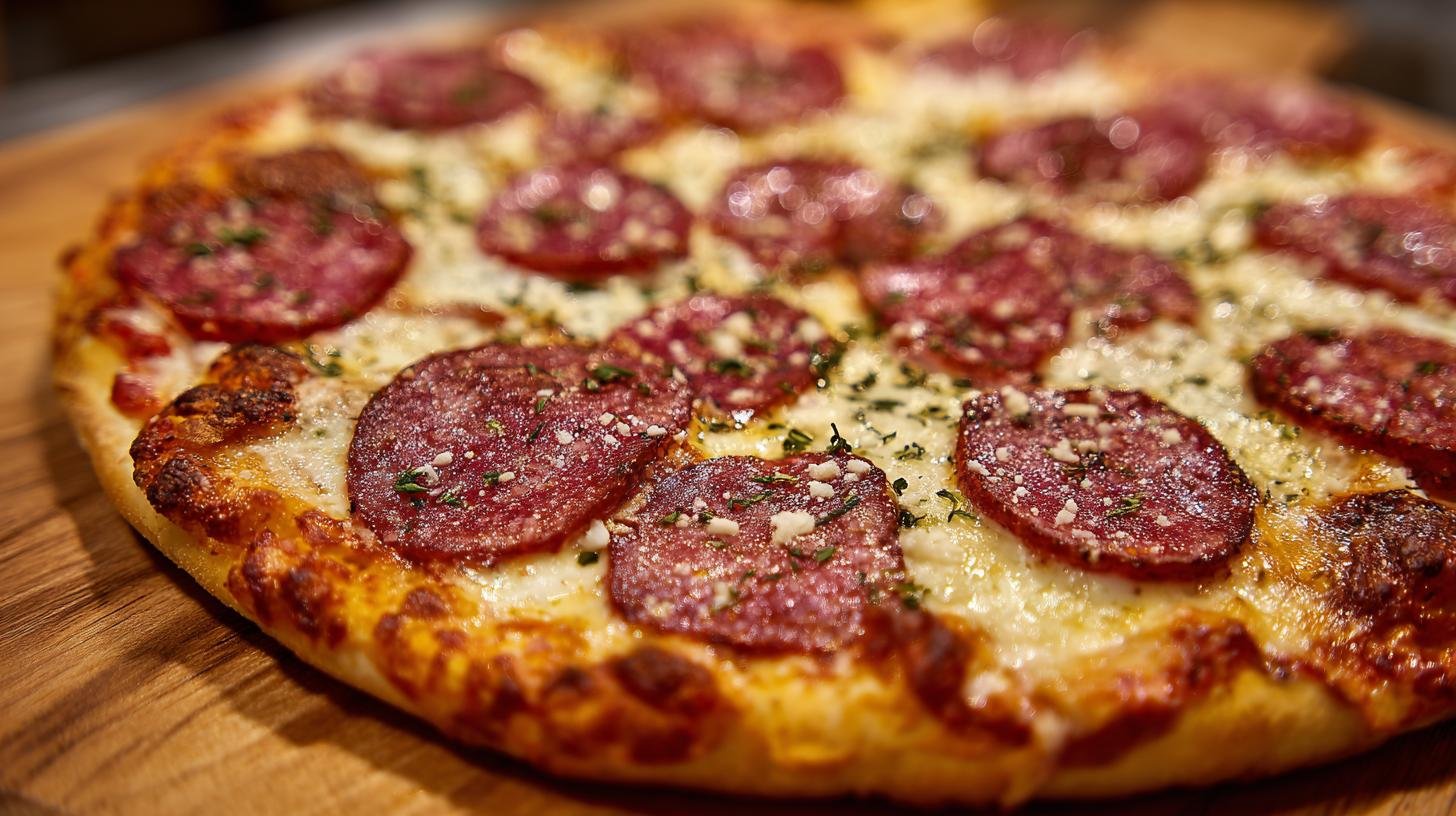 Pizza con salame e formaggio croccante dal forno