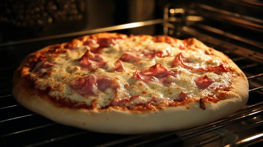 Pizza con prosciutto e mozzarella pronta in forno