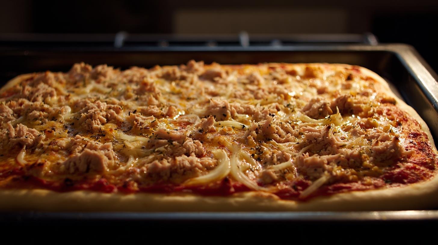 Pizza con tonno e cipolla saporita pronta in teglia